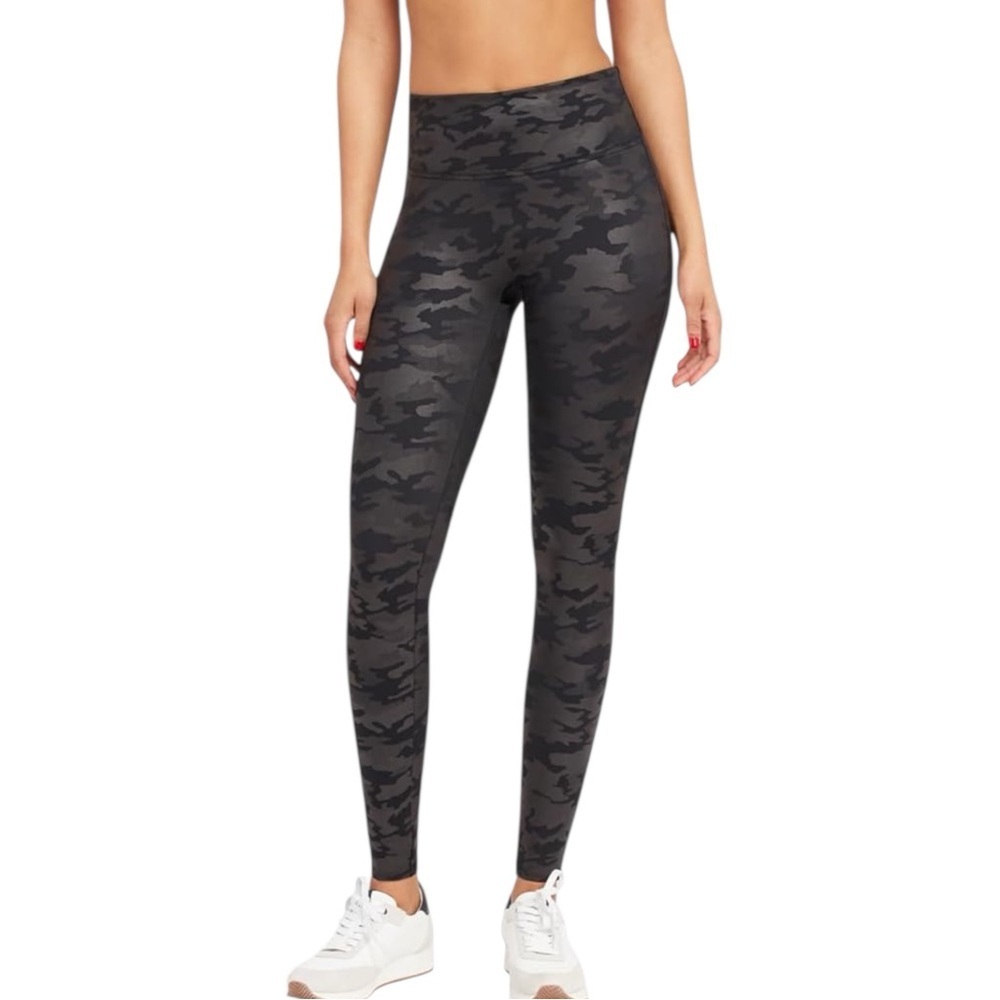 SPANX Faux Leather Camo Leggings XL 20185R High Rise Shaping Black Gray Skinny